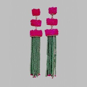 5" Hot Pink and Green Dangle Seedbead Beaded Earrings Bright Fiesta Jewelry